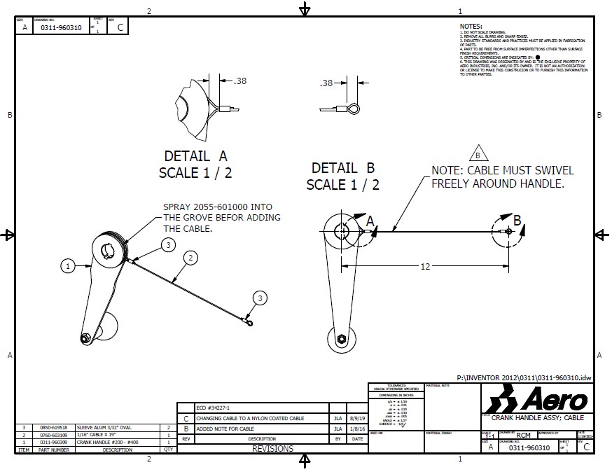 0311-960310 Aero (OEM) 1 Crank Handle Assembly with cable