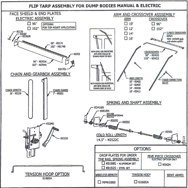 Mountain K016DE Electric Underbody Mount Tarp System for Dump Bodies 102 wide, 25' - 28' long