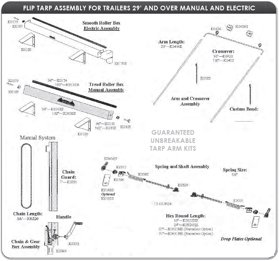 Mountain K620TE Electric Underbody Mount Tarp System for Dump Trailers 96 wide, 29' - 36' long