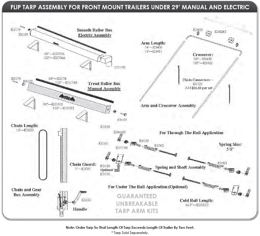 Mountain K614TM Manual Front Mount Tarp System for Dump Trailers 96 wide, 21' - 24' long
